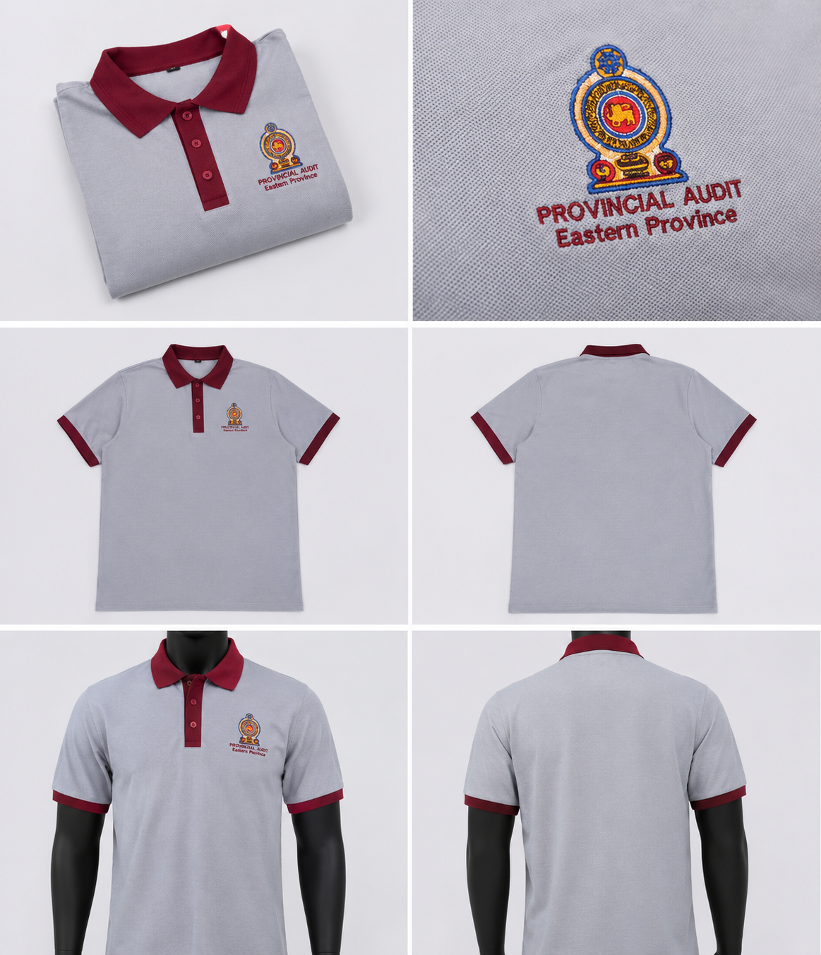 Mezzo embroidered grey polo with maroon collar for Provincial Audit, Eastern Province — front, back and mannequin views