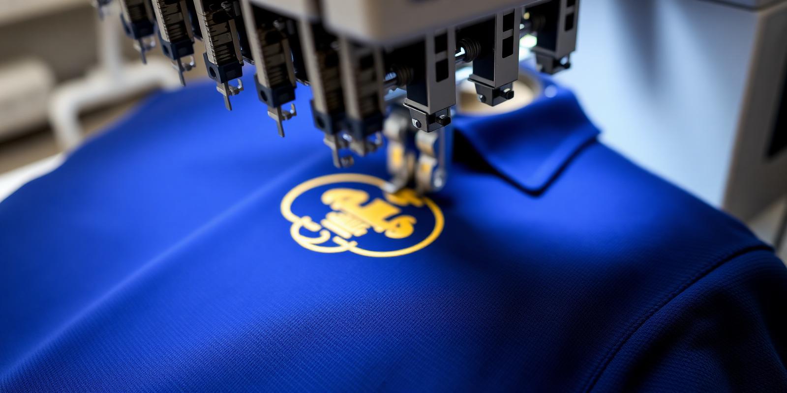 Multi-head embroidery machine stitching a logo onto a polo shirt